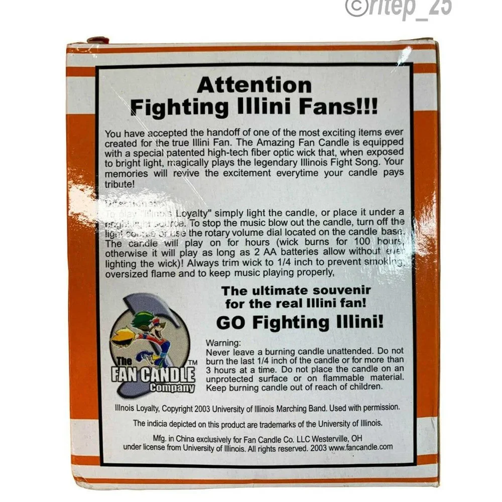 The Amazing Musical Fan Candle Illinois Fighting Illini Loyalty Fight Song -New